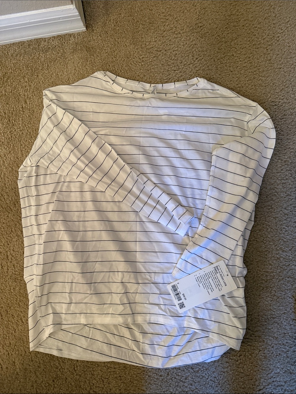 Lulu Back in Action White Long-Sleeve Stripe Crewneck Shirt - NWT size 6